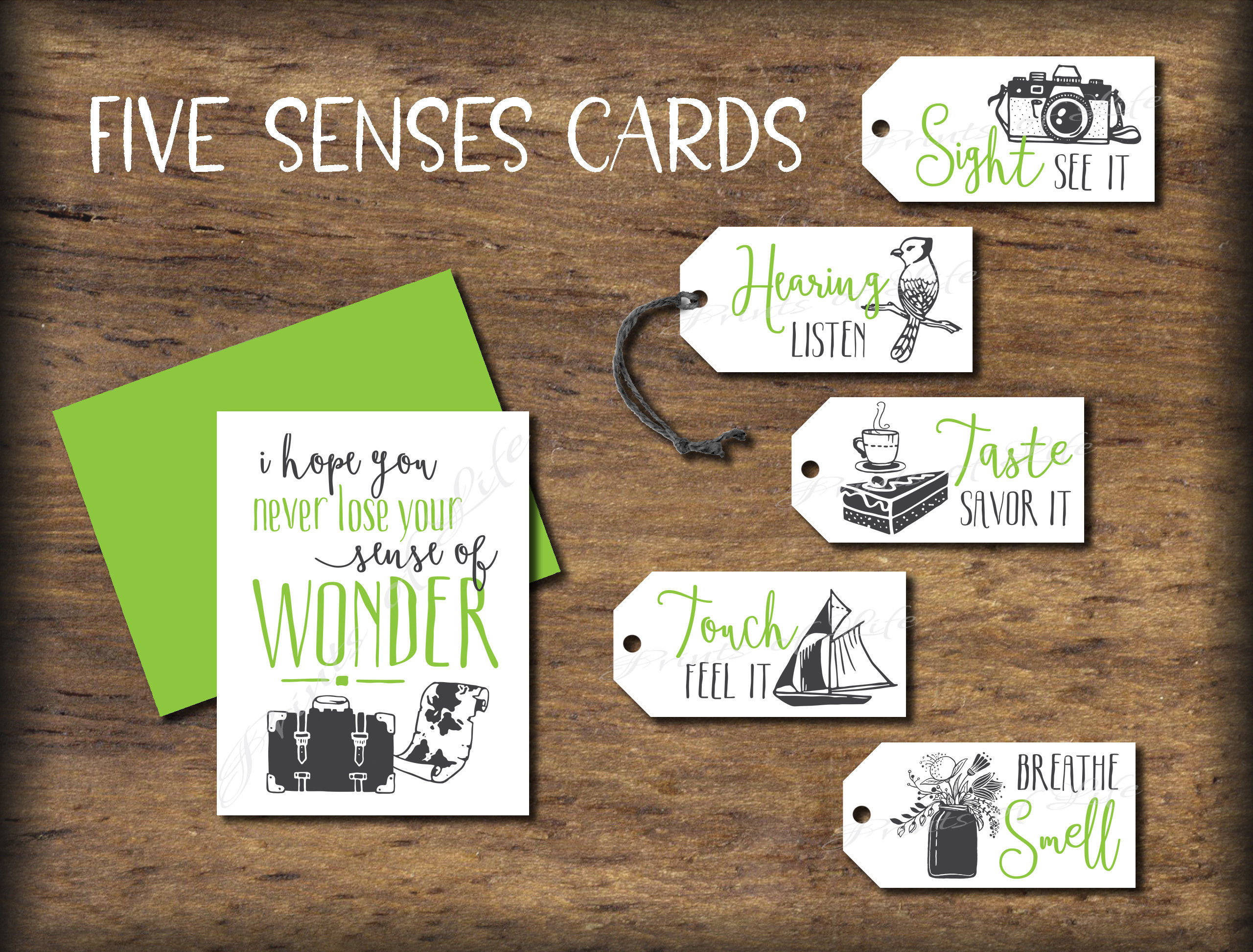 Five Senses Gift Tags & Card. Instant download printable. 5