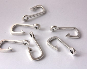 Fish Hook Charms, 10pcs Fishing Hook Pendants, (30mm x 13mm) Hook Charms, Antique Silver Fish Hook Connector, Fish Hook Pendant, Hook Charms