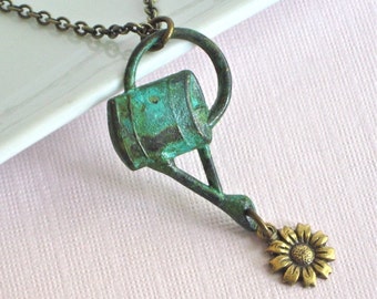 Sunflower Necklace - Water Can, Garden Jewelry, Verdigris Patina