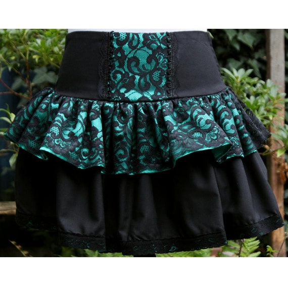 SALE Gothic Lolita skirt. emerald green satin black lace rara