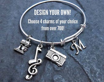 Custom Charm Bracelet - Personalized - Expandable Bangle - Customize your own - Choose up to 4 charms - Affordable Jewelry - Gift for Her