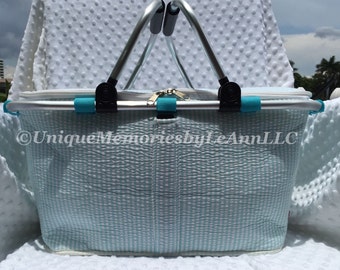 Seersucker insulated Picnic Basket FREE Monogram or Name -Great for Brides, Birthdays, Housewarming, Christmas, Tailgating, Beach, Boating