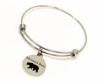 Momma Bear Bracelet, Mama Bear Stacking Bangle Charm Bracelet, Momma Bear Jewelry Gift For Mom, Mama Bear Stacking Bracelets, Stackable