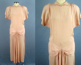 1940s Swing Dress / 40s Pink Crepe Dress / Ruched Crepe Dance Dress