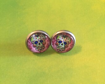 Funky Catrina (Skull) Dia De Los Muertos Stud Earrings