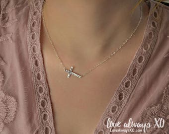 Sterling Silver Cross necklace, sideways cross necklace, delicate cross necklace, minimalist necklace, small cross necklace