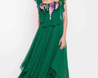 Silk chiffon midi dress with handmade embroidery