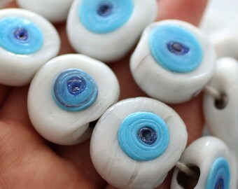 2pc white evil eye beads, flat glass beads, lamp work beads, ivory blue large evil eye, glass beads, organic shaped evil eye glass bead, DIY