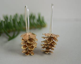 Brass Pinecone Earrings - Woodland Fashion - Mixed Metal Pine Cones - On The Bend Botanical Jewelry