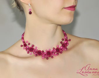 Burgundy statement necklace Burgundy Rose Necklace Burgundy bib necklace Marsala necklace Burgundy Girlfriend gift Marsala Rose Necklace