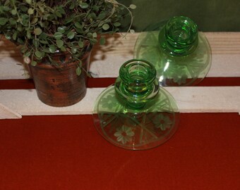 Pair of Green Glass Candlesticks