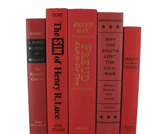 Red Decorative Books with Black Lettering , Home Decor , Old Books , Vintage Photo Props , Table Setting , Wedding Decor