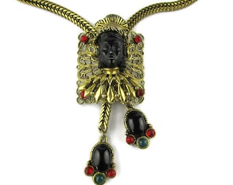 SELRO Asian Princess Necklace/ Selini Black Asian Princess Bolo Lariat /African Liberation Colors / Black Glass Cabs / WIDE Filigree Panels