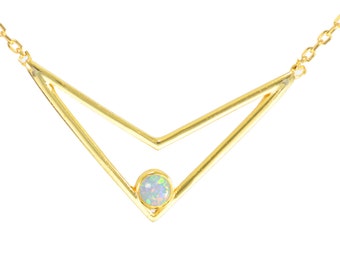 Gold Vermeil White Opal Chevron Geometric Necklace in Sterling Silver 16'' - 18''