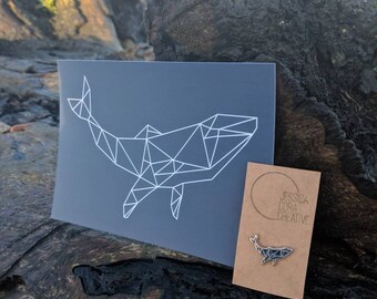 Charity Geometric Whale Bundle - Navy Enamel Pin Badge & Postcard Print