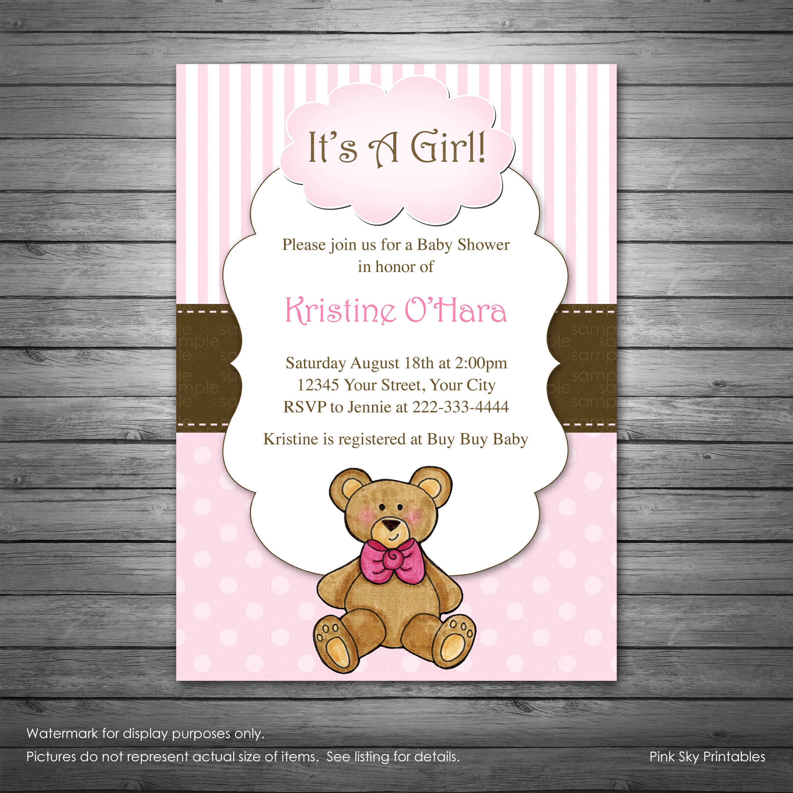 Girls Teddy Bear Baby Shower Invitation Printable File