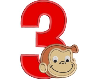 Curious George Birthday Number 3 Applique Embroidery Design - INSTANT DOWNLOAD