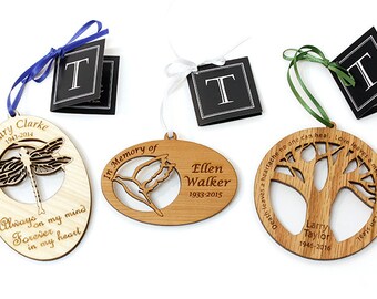 Personalized Memorial Ornament. Honor Loved Ones with this Custom Engraved Remembrance. Oak, Cherry, or Maple.