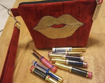 Distributors wristlet bag, LipSense, direct sales, purse, pouch, holds 21 lipsticks & additional supplies, shimmering gold lips