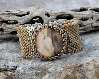 Jewelry - Free Form Peyote Stitch Beaded Bracelet CUFF - Bead Weaving - Wood Opal Cabochon- BOHO