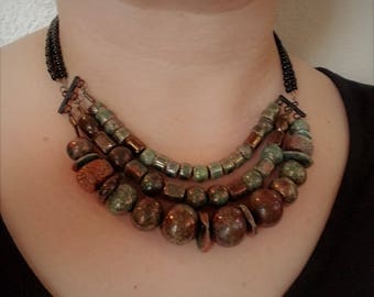 Patina MultiStrand Necklace, Copper MultiStrand Necklace, 3 Strand Necklace, Black Beads, Statement Necklace, Contemporary Necklace