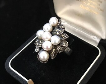 Art Deco Style Ring With Pearls Sterling Silver and Marcasites, Size P 1/2 Ring/ US Size 7 3/4