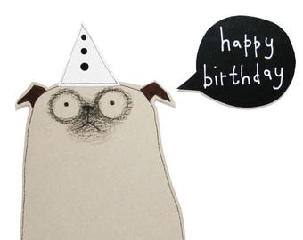 Pug Birthday Card, Cute Pug Card, Happy Birthday Pug Card, Dog Lover Card, Handmade Card, Fawn Pug Card, Funny Pug Card, Poosac