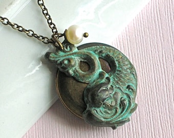 Koi Fish Locket Necklace - Verdigris Brass