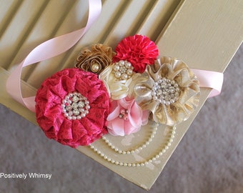 Pink Gold Belly Sash, Pink Gold Maternity Sash, Girl Maternity Sash, Baby Shower Sash, Gold Flower Girl Sash, RTS, Pink, Gold, Ivory