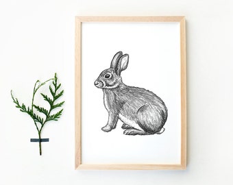 Hand drawn rabbit art print A4, pencil drawing, woodland, animal drawing, poster bunny, black and white print kids, home deco, nature poster