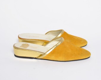 Suede Flat Mules / Vintage Yellow Suede Slippers with Gold Trim