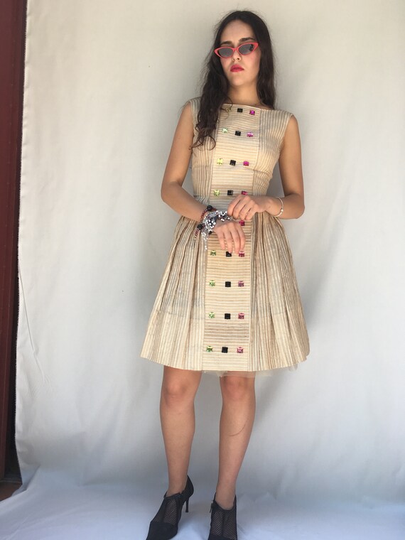 Tailored LOLA DARLING Dress in Luxury Beige Silk Burette, Plastic cabochon sewn by hand, Tulle petticoat, Unique Piece Handmade in Italy