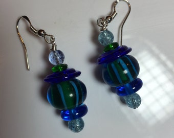 Ble and Green striped with Cobalt Blue Disc Glass Lampwork Earrings on sterling earwires.