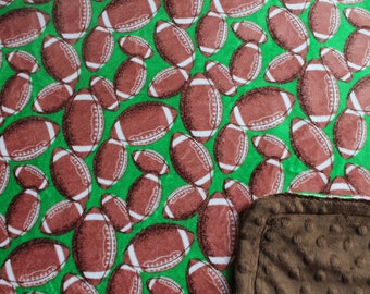 Minky Blanket Football Print Minky with Kelly Green Background with Brown Dimple Dot Minky Backing - Perfect Size a Toddler or Child