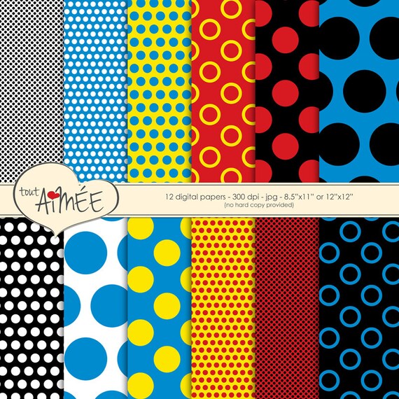  Pop  Art  Polka Dots in Black and White Red Yellow and Blue