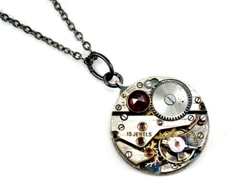 Steampunk Necklace, Garnet Necklace, Watch Movement Necklace, Steampunk Pendant