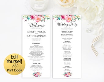 Wedding Program Template, Wedding Program Printable, Editable Wedding Program, Wedding Ceremony Program, Floral Wedding Program Template