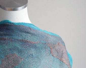 Hand felted scarf in blue and brown, wool & silk