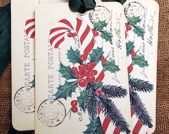 Retro Candy Cane Postcard Christmas Gift or Scrapbook Tags or Magnet #563