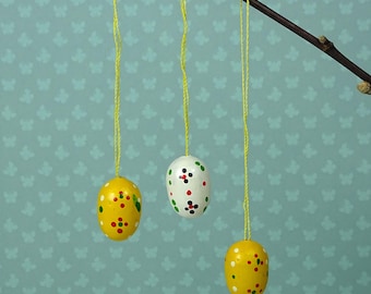 Vintage Easter egg ornaments set of three 1970s wooden yellow white floral