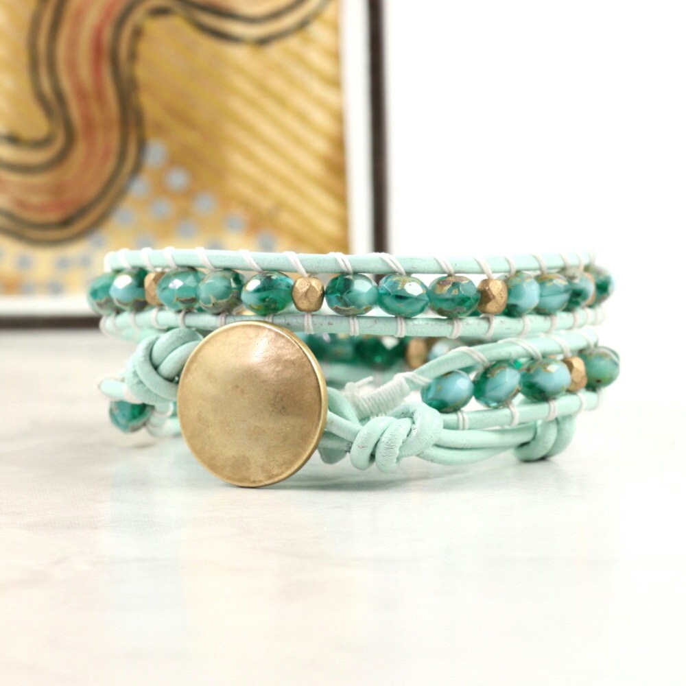 Mint Green Wrap Bracelet Gold Beaded Bracelet Seafoam Green