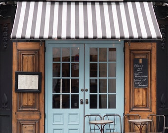 Paris Cafe Photograph, Malabar Cafe, Large Wall Art, French Kitchen Decor, Striped Awning, Blue Door, Travel Photograph