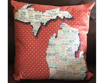 State of Michigan Pillow With Cities in Rust