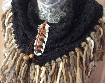 Charcoal Hawk cowl... knit crocheted fringed yarn soft scarf leather tie bohemian boho
