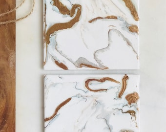 White & Gold Marble Hand Painted Coaster - Abstract Acrylic Pour Dirty Pour