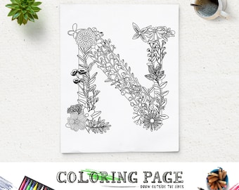 instant download printable coloring page floral alphabet letter n digital art printable art zen coloring pages - N Coloring Pages instant download printable coloring page floral alphabet letter n digital art printable art zen coloring pages - N Coloring Pages