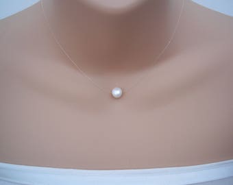 Single Freshwater Floating Pearl Illusion Necklace, Floating Pearl Necklace, Single Pearl Necklace, Silver Gold Rose Gold Clasp, 41FINSGRP