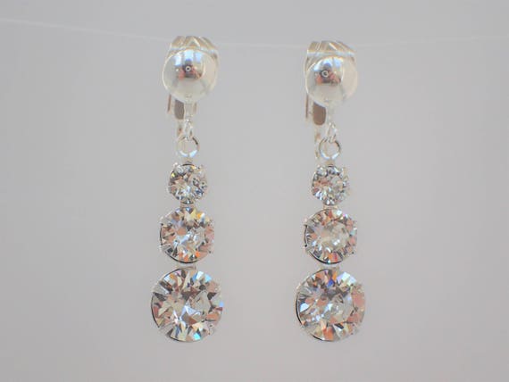 Graduated Swarovski Crystal Clip On Earrings, Sterling Silver