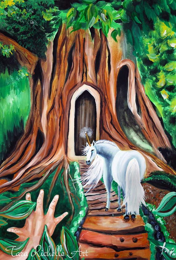 Unicorn Painting Enchanted Forest Story Book Art Fairy Unicorn Painting Enchanted Forest Story Book Art Fairy Tale Fairytale Horses Girls Room Girl Decor Wall White Horse Tree Large