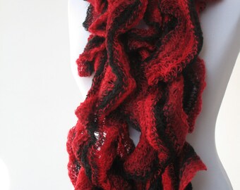 CLEARANCE SALE - Red Black Lace Knit Scarf - Ruffle Scarf - Women Fashion Scarf - Soft Long Scarf 955